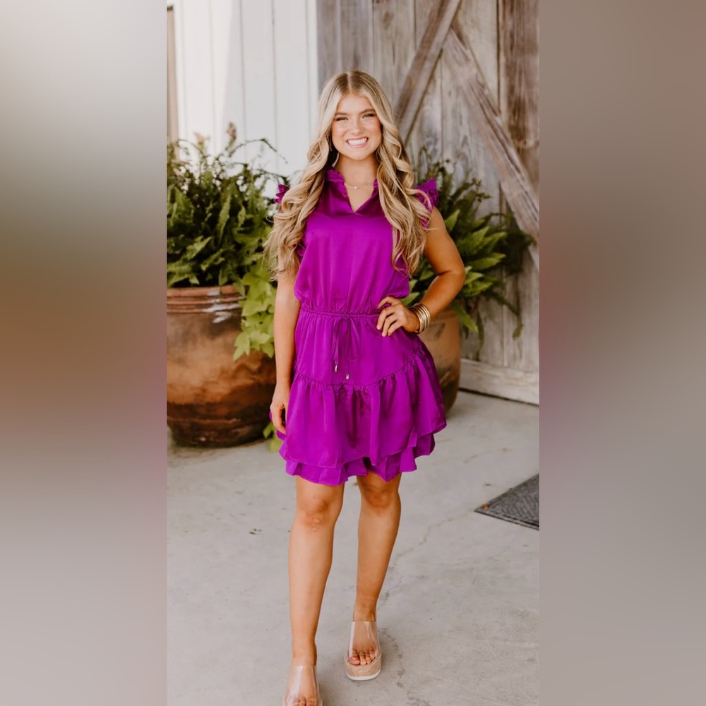 Entro- Magenta Satin Flutter Tie Waist Dress